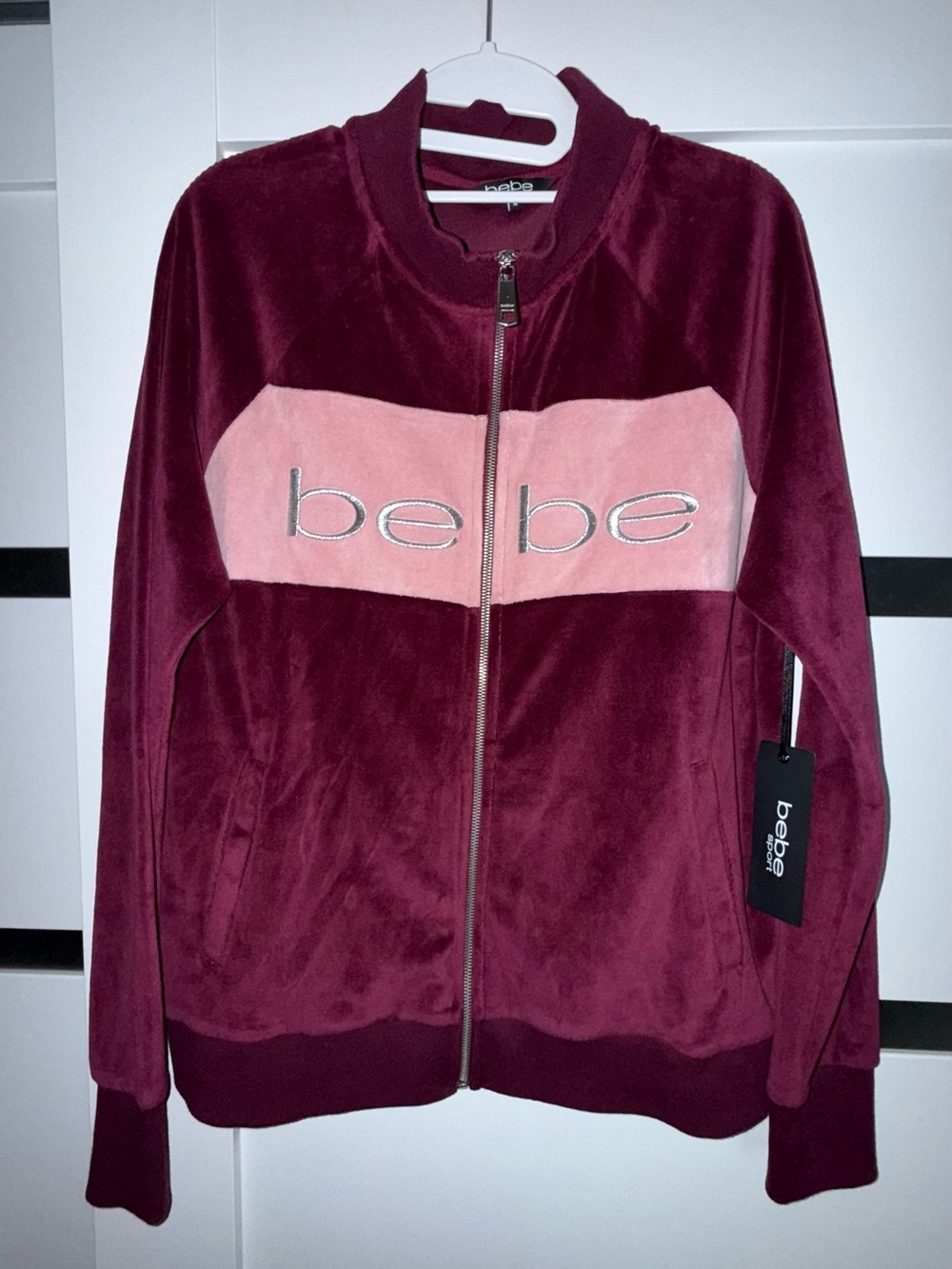 bebe Burgundy and Pink Velour Zip-Up Jacket